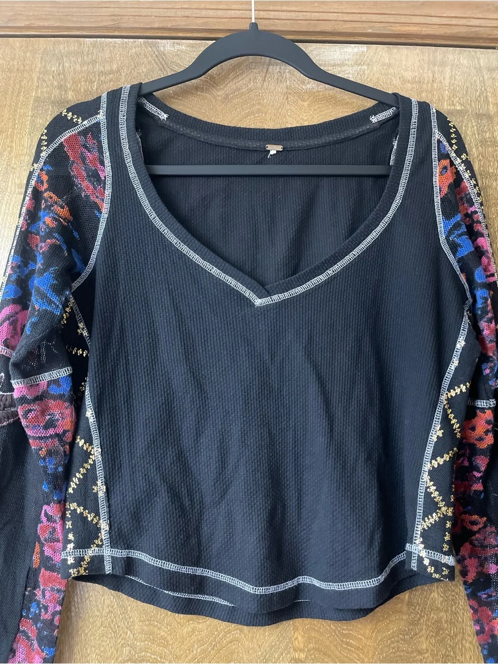 Free People Top Black Floral Embroidered Long Sleeve Crop Small Grunge Floral